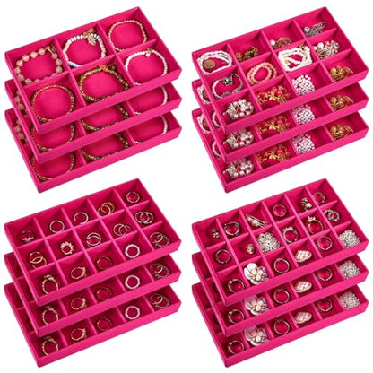 Junkin 12 Pcs Jewelry Tray Velvet Stackable Jewelry Organizer Trays Divided Earring Accessories Storage Containers Box (Rose Red) - color: Rose Red