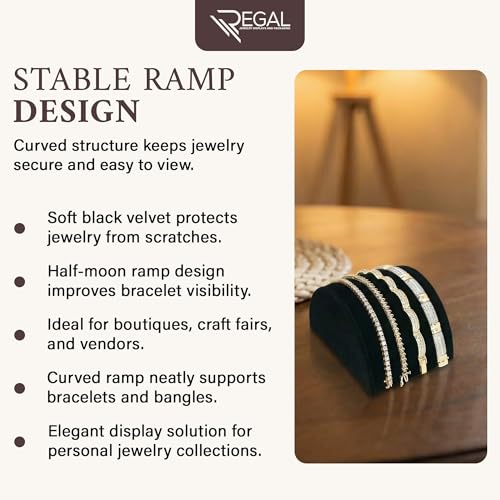 RJ Displays Black Velvet Half Moon Bracelets Holder Stand, Jewelry Display Ramp for Bracelet, Bangle, or Necklace Collection, Size 3x5x2.5 in (76x127x63 mm) and bracelet holder display