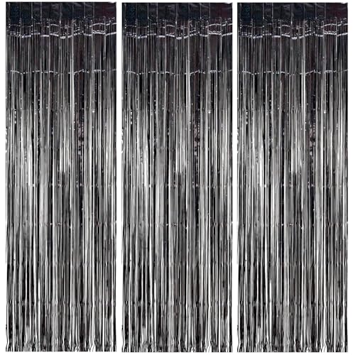 3 Pack Foil Curtain Backdrop 3.3x6.6 ft Tinsel Fringe Curtains for Parties Metallic Streamers Photo Booth Props,Wedding & Birthday,Holiday Decorations Disco,Bachelorette,Door Hanging Decor (Black) - color: Black