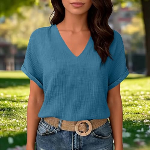 Womens Shirts Cotton Linen v Neck Short Sleeve Blouses Casual Loose Fit Textured Summer Pullovers Daily Wear - color: A04-navy, size: Medium