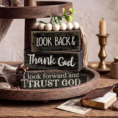 Moucuny 4 Pcs Farmhouse Table Decor Inspirational Wooden Signs Rustic Eucalyptus Leaves Wooden Block Sign Gift Thank and Trust God Farmhouse Table Centerpiece for Living Room Housewarming Gift - style: Black