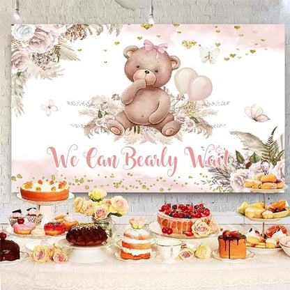 8x6ft Bear Baby Shower Backdrop Boho Pink Floral We Can Bearly Wait Photography Background It’s a Girl Baby Shower Party Banner Decorations Supplies Photo Booth Props - size: 8x6ft