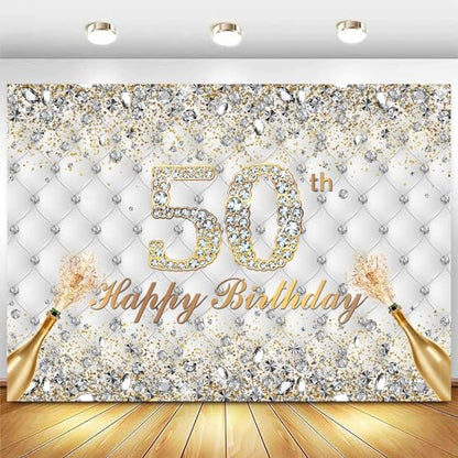 Withu White Gold 50th Birthday Backdrop for Men Women Shining Diamond Crystals Cheers to 50 Years Old Champagne Fifty Birthday Party Decorations Photography Banner Background 7x5ft - size: 7x5ft