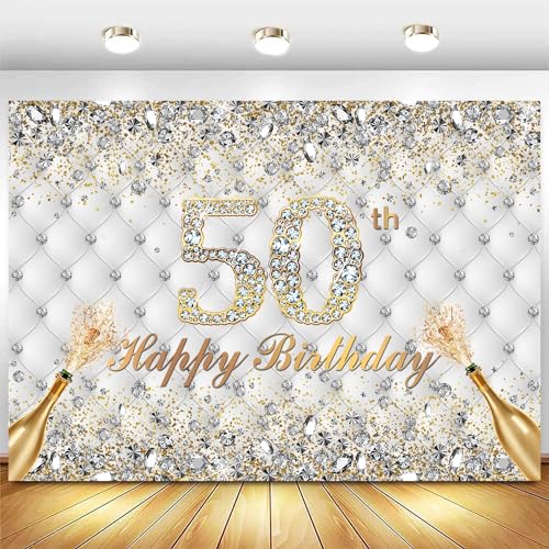 Withu White Gold 50th Birthday Backdrop for Men Women Shining Diamond Crystals Cheers to 50 Years Old Champagne Fifty Birthday Party Decorations Photography Banner Background 7x5ft - size: 7x5ft