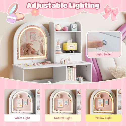 Costzon Kids Vanity with Lights, Girls Vanity Set with Mirror, Storage Drawer, Hooks & Shelves, Toddler Makeup Vanity Desk Dressing Table, Wooden Kids Vanity Table and Chair Set (White) - style: White with Open Shelves