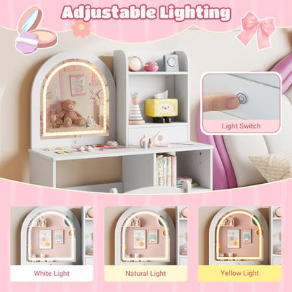 Costzon Kids Vanity with Lights, Girls Vanity Set with Mirror, Storage Drawer, Hooks & Shelves, Toddler Makeup Vanity Desk Dressing Table, Wooden Kids Vanity Table and Chair Set (White) - style: White with Open Shelves