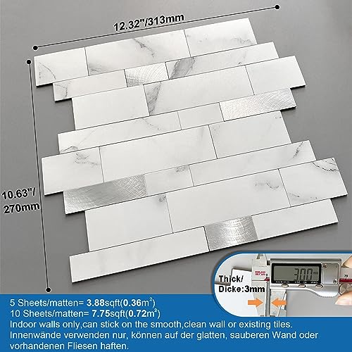 MOFIT Backsplash Tile for Kitchen Peel and Stick Stone Matte Finish,Bathroom Tiles Stickers 3D Wall Panel Linear Mosaic Marble Backsplash Waterproof(10sheets,White Silver) - color: White Silver, size: 10sheets