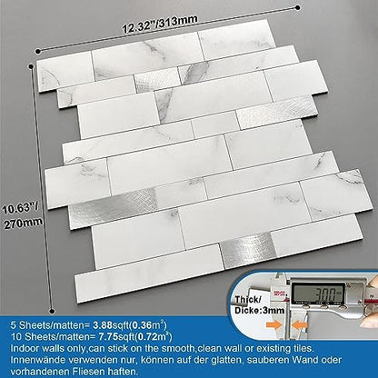 MOFIT Backsplash Tile for Kitchen Peel and Stick Stone Matte Finish,Bathroom Tiles Stickers 3D Wall Panel Linear Mosaic Marble Backsplash Waterproof(10sheets,White Silver) - color: White Silver, size: 10sheets