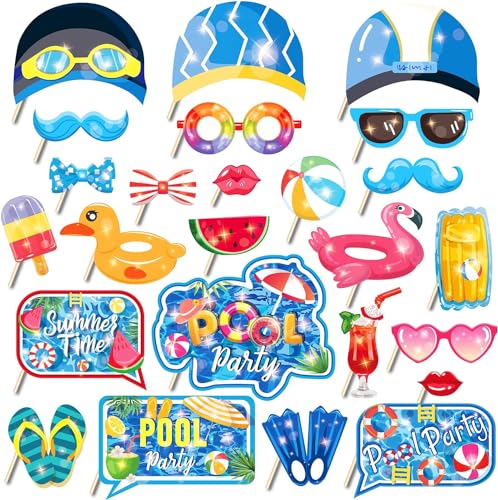 25Pcs Pool Photo Booth Props with Stick, Beach Theme Selfie Props, Summer Birthday Party Supplies, Swimming Photography Backdrop Decorations