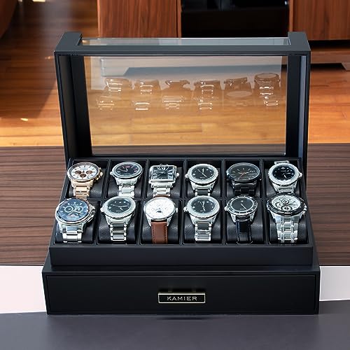 High End Watch Box for Men, 12 Slot Wooden Watch Case With Drawer, Watch Display Box with Glass Lid, 2-Layer Watch Holder for Jewelry and Watch Storage for Men Women , Ideal for Gift (With Gift Box) - color: Black