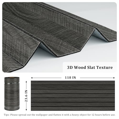 Grey/Black 3D Wood Panels for Interior Wall Decor Self Adhesive Wood Slat Wall Paneling Peel and Stick Sound Froof Foam Wooden Panels Wallpaper for Walls Bedroom Office Studio 23.6" x 118" - size: 23.6" x 118"
