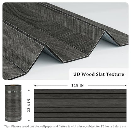 Grey/Black 3D Wood Panels for Interior Wall Decor Self Adhesive Wood Slat Wall Paneling Peel and Stick Sound Froof Foam Wooden Panels Wallpaper for Walls Bedroom Office Studio 23.6" x 118" - size: 23.6" x 118"