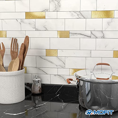 Backsplash Tile for Kitchen Peel and Stick Stone Matte Finish,Bathroom Tiles Stickers 3D Wall Panel Linear Mosaic Marble Backsplash Waterproof(10sheets,White Gold) - color: White Gold, size: 10sheets