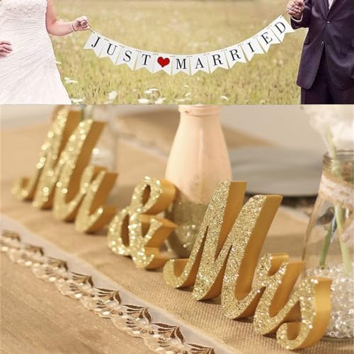 Large Golden Mr & Mrs Sign for Wedding Table with Just Married Banner - Gold Glitter Freestanding Letter Decorations for Party or Holiday - Indoor and Outdoor - color: Golden with Just Married banner