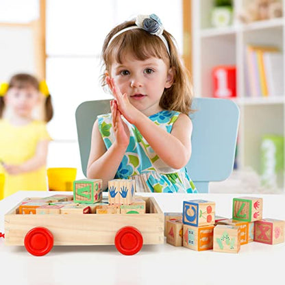 Wooden Building Blocks for Toddlers 1-3, Large Wood Baby Stacking Blocks Set for Kids, 30 PCS Alphabet Blocks with Toy Wagon, Educational Wooden Toys for Boys Girls Gifts 1.65" - style: 30 abc blocks cart
