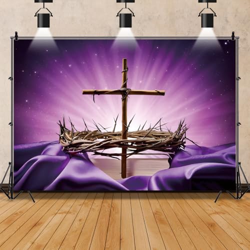 Generic 7*5ft Church Backdrop: Cross Crucifixion Of Jesus, Crown Of Thorns, First Communion, Purple, Vinyl, Easter, Religious Banner, Christian Church Event Party Decoration, Photo Booth Props - color: Purple