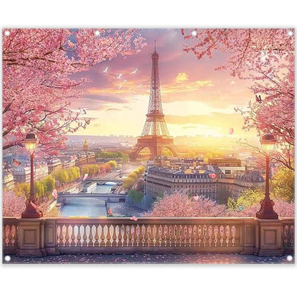 10x8ft Fabric Eiffel Tower Backdrop Paris Landscape Floral Lake Bridge Photography Background Wedding Girls Birthday Party Decorations Photo Booth Props - size: 10'x8'