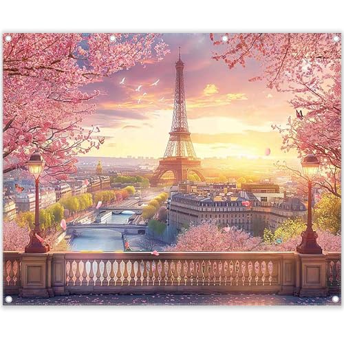 10x8ft Fabric Eiffel Tower Backdrop Paris Landscape Floral Lake Bridge Photography Background Wedding Girls Birthday Party Decorations Photo Booth Props - size: 10'x8'