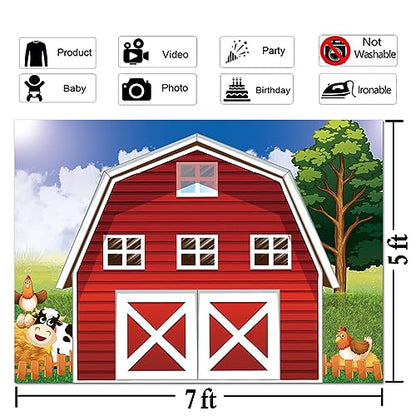 Cartoon Farm Photography Backdrop 7x5ft Animals Rustic Farmhouse Red Barn Photo Background for Kids Birthday Party Decoration Barnyard Baby Shower Newborn Photobooth Banner - size: 7x5 FT