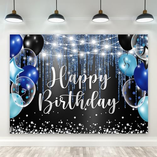 Riyidecor Royal Navy Blue Black Happy Birthday Backdrop for Men Boys 7Wx5H Feet Polyester Fabric Modern Balloons Diamonds Sparkle Bday Photography Background Cool Table Decor Banner Studio Photo Shoot - color: A 03 Blueblack, size: 7Wx5H