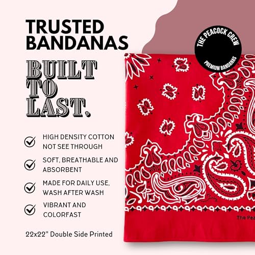 The Peacock Crew Premium Soft Cotton Bandanas Pack for Men and Women Paisley 22 x 22 inches - color: Pack of 10 Original Red