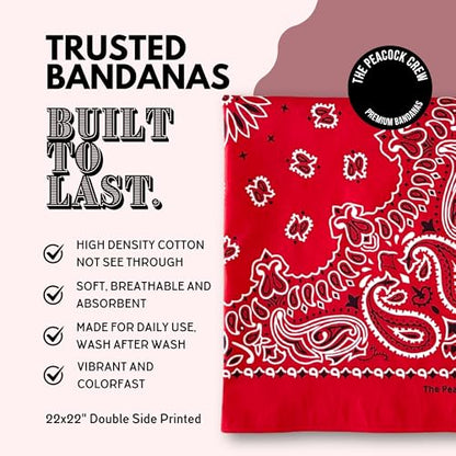 The Peacock Crew Premium Soft Cotton Bandanas Pack for Men and Women Paisley 22 x 22 inches - color: Pack of 10 Original Red