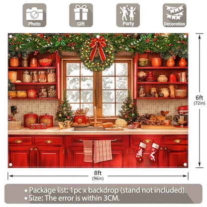 Fabric 8x6ft Christmas Kitchen Photography Backdrop Cabinets Window Winter Snow Scene Background Xmas Family Party Decoration New Year Photo Banner Props - size: 8'x6'