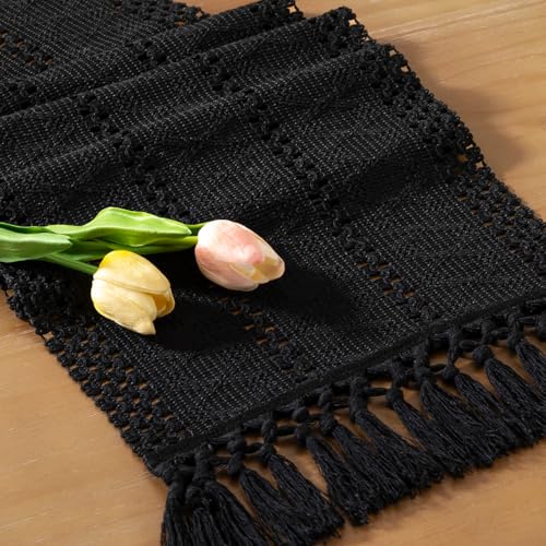 Socomi Boho Table Runner Summer Farmhouse Rustic Dining Kitchen Centerpiece Decor Small Macrame Woven Cotton Linen Coffee Table Runner for Dresser Scarf Home Decor 12x36 inch Black - color: Black, size: 12" X 36"
