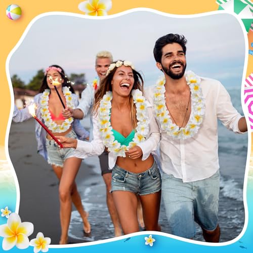 Sherr 24 Pcs LED Leis Light Up Wedding Hawaiian Leis Flower Necklace with LED Lights Beach Tropical Carnival Party Wedding Supplies Luau for Masquerade - color: white and yellow