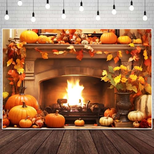 Autumn Fireplace Backdrop Fall Maple Leaves Pumpkins Stove Thanksgiving Art Hanging Background Photo Studio Portrait Backgrounds for Christmas Party Home Decor 8X6FT - color: Fall 004, size: 8x6ft