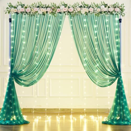 Hunter Green Tulle Backdrop Curtains with Lights String for Parites 10x10ft Sheer Backdrop Curtains Drapes for Birthday Party Bridal Shower Baby Shower Photo Booth Background Decorations - color: Hunter Green, size: 10 ft X 10 ft(2 Panels 5ft X 10ft)