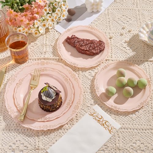 Fijinhom 175 PCS Pink Disposable Plates, Elegant Dinnerware Set for 25 Guests, 50 Plastic Plates, 75 Silverware, 25 Cups & 25 Paper Napkins, Pink - color: Pink Gold Pattern, size: 25 Guests-175pcs