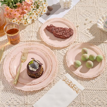 Fijinhom 175 PCS Pink Disposable Plates, Elegant Dinnerware Set for 25 Guests, 50 Plastic Plates, 75 Silverware, 25 Cups & 25 Paper Napkins, Pink - color: Pink Gold Pattern, size: 25 Guests-175pcs