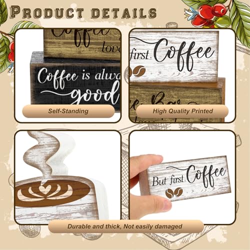 Moucuny 4 Pcs Wooden Coffee Bar Tabletop Decor Coffee Tiered Tray Decor Rustic Wood Bar Sign Gift Farmhouse Table Centerpiece Farmhouse Decorations for Home Kitchen - style: Coffee Bar