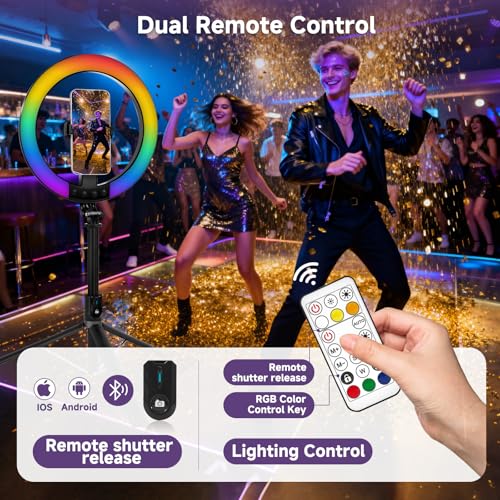 10" Ring Light with Stand 74'' Tall & Phone Holder,RGB Full Color Modes Selfie Light with Extendable Tripod Stand,iPad Holder, Remote for iPhone & Android,YouTube, Makeup,TIKTok, Vlogging