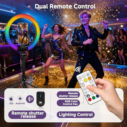 10" Ring Light with Stand 74'' Tall & Phone Holder,RGB Full Color Modes Selfie Light with Extendable Tripod Stand,iPad Holder, Remote for iPhone & Android,YouTube, Makeup,TIKTok, Vlogging