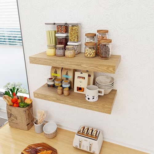 12 Inch Deep Floating Shelves, 24 x 12 Floating Shelf for Books, Rustic Wood Deep Wall Shelves for Home Storage & Display, 2" Thicked Shelves for Kitchen, Living Room, Bedroom, Oak Color, 2 Pack - color: Oak, size: 24"W x 12"D, 2 Pack