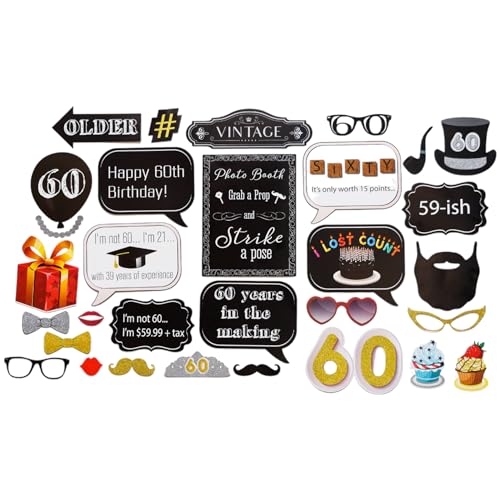60th Birthday Photo Booth Props - 31-pc Selfie Props with 8 x 10-Inch Sign, 45 Adhesive Pads, 35 Sticks - Birthday Decorations
