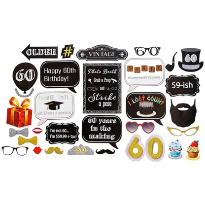 60th Birthday Photo Booth Props - 31-pc Selfie Props with 8 x 10-Inch Sign, 45 Adhesive Pads, 35 Sticks - Birthday Decorations
