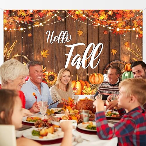 Mocsicka Hello Fall Backdrop Banner Fall Thanksgiving Photography Backdrop Rustic Wooden Door Autumn Pumpkin Harvest Baby Shower Decorations Photo Booth Props (10x8ft (120x96 inch)) - size: 10x8ft (120x96 inch)