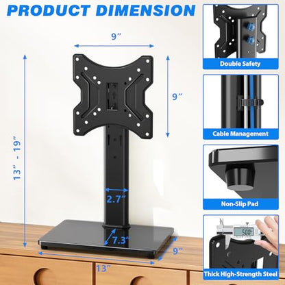 Rfiver Universal Swivel Tabletop TV Stand for Flat Screens 23 24 26 32 39 40 42 43 Inch, Heavy Duty Center Pedestal Stand Replacement with Black Tempered Glass Base and Height Adjustable Mount - size: 19-43 inch