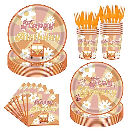 144Pcs Groovy Birthday Party Supplies Groovy Birthday Tableware Set Groovy Birthday Party Decorations Retro Boho Hippie Party Decorations Daisy Plates Napkins Cups Forks Knives Serve 24 - style: Groovy Daisy