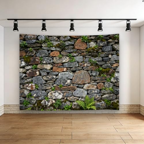 7x5ft Fabric Vintage Brick Stone Wall Backdrop Stone Wall Greenery Banner for Photo Background Wedding Kids Birthday Photo Studio Vinyl Prop - color: stone wall backdrop, size: 7x5ft