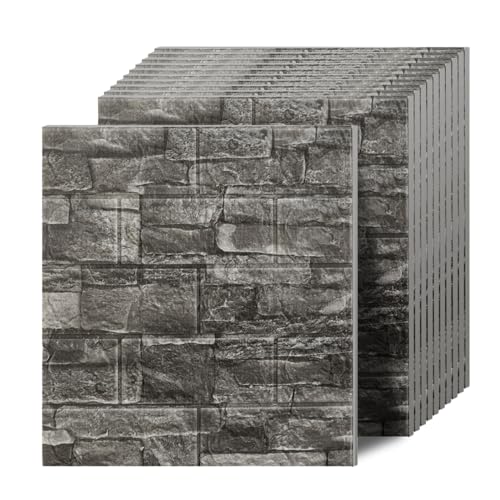 3D Wall Panels Peel and Stick in Black Grey Stone, 20 PCS XPE Foam 3D Wallpaper, Textured Faux Brick Wall Panels for Bedroom, Stairs, Kitchen - color: Black Rock, size: 20PCS
