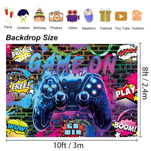 Game On Party Backdrop - 10x8ft Video Game Birthday Background Banner for Boys Kids Teens, Neon Gamer Controller Theme Party Supplies, Level Up Gaming Decorations Wall Photo Booth Prop - size: 10x8ft