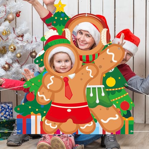 Christmas Gingerbread Man Photo Booth Prop Christmas Tree Photo Door Banner Background Large Fabric Face in Hole Photos Stand-in Gingerbread Backdrop for Indoor Outdoor Xmas Winter Holiday Supplies