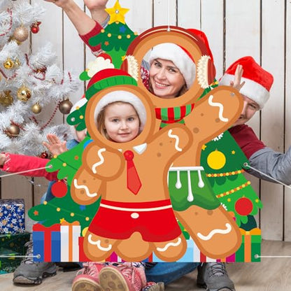 Christmas Gingerbread Man Photo Booth Prop Christmas Tree Photo Door Banner Background Large Fabric Face in Hole Photos Stand-in Gingerbread Backdrop for Indoor Outdoor Xmas Winter Holiday Supplies
