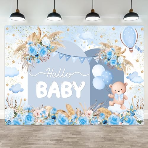 5x3ft Hello Baby Backdrop Blue Gold Boho Floral Bear Baby Shower Photography Background Balloon Stars Clouds Banner Decorations Welcome Newborn Celebration Party Portrait Photo Booth Prop - color: color 3, size: 5x3ft