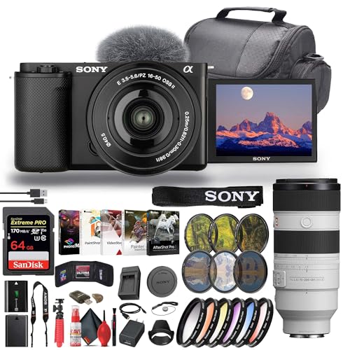 Sony ZV-E10 Mirrorless Camera Kit (Black) with 16-50mm II Power Zoom Lens | 4K Video | Real-Time Autofocus | Creator Camera + Sony 18-105mm Lens + 64GB Card + Color Filter Kit + More (Renewed)