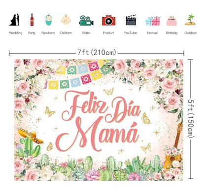Feliz Dia Mama Banner Backdrop 7x5FT Mexican Happy Mother's Day Photography Background Pink Flowers Cactus Best Mom Ever Party Decorations Supplies Photo Props - size: 7x5FT